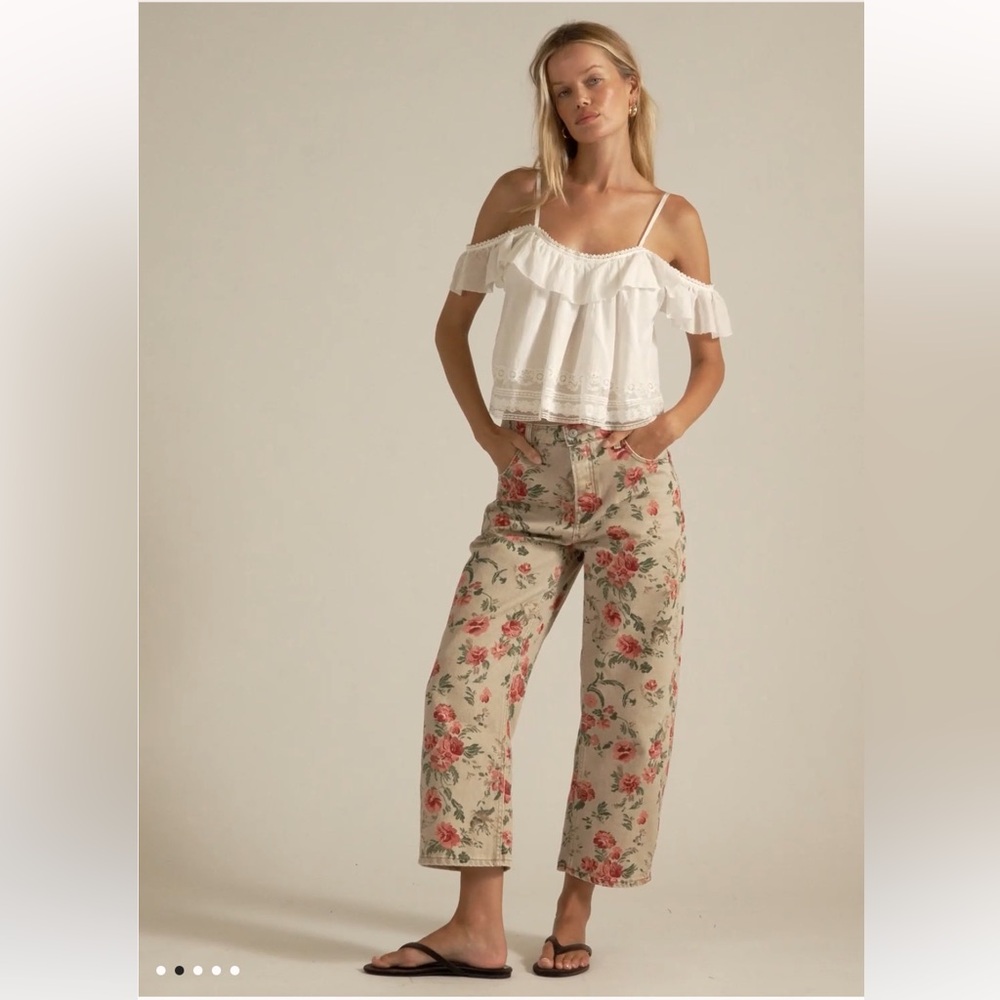 Free People Floral Beige Cropped Jeans